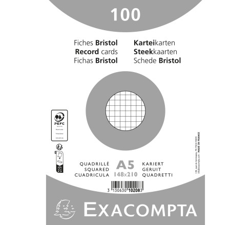Paquet 100 fiches sous film - bristol quadrillé 5x5 non perforé 148x210mm