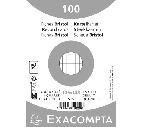 Paquet 100 fiches sous film - bristol quadrillé 5x5 non perforé 105x148mm
