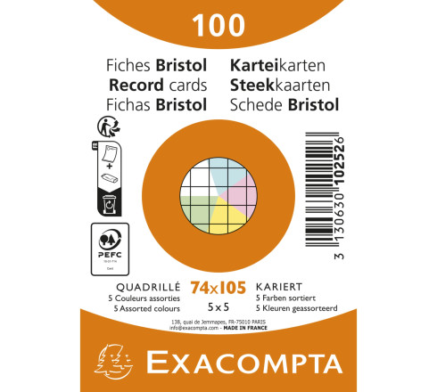 Paquet de 100 fiches sous film - Bristol quadrillé 5x5 non perforé 74x105mm