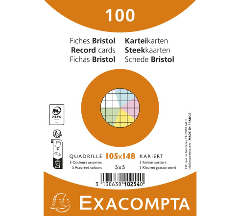 Paquet de 100 fiches sous film - Bristol quadrillé 5x5 non perforé 105x148mm