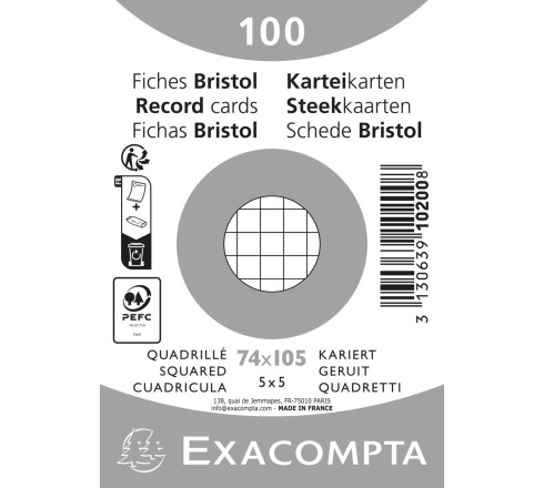 Paquet 100 fiches sous film - bristol quadrillé 5x5 non perforé 74x105mm