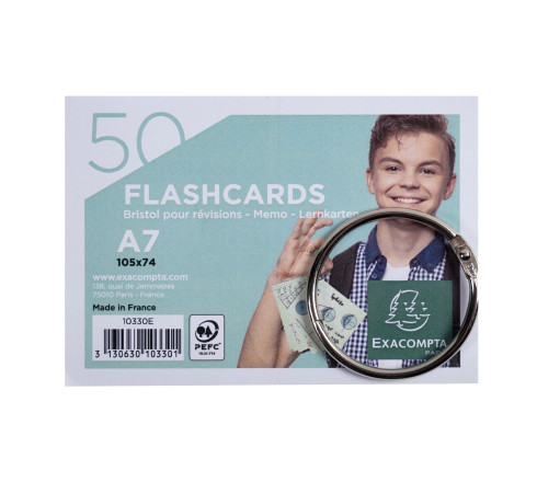 Paquet de 50 Flashcards sous film + anneau - bristol ligné perforé - format A7