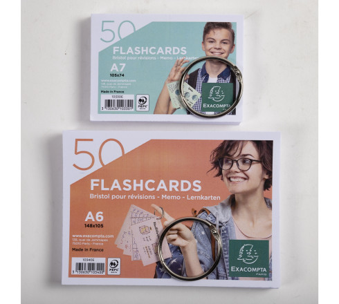 Paquet de 50 Flashcards sous film + anneau - bristol ligné perforé - format A7