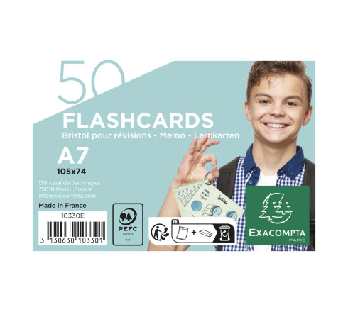 Paquet de 50 Flashcards sous film + anneau - bristol ligné perforé - format A7