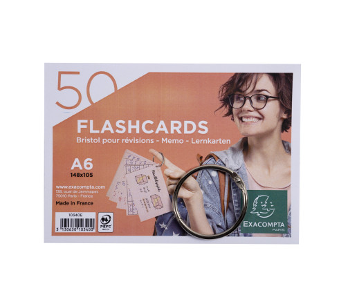 Paquet de 50 Flashcards sous film + anneau - bristol ligné perforé - format A6