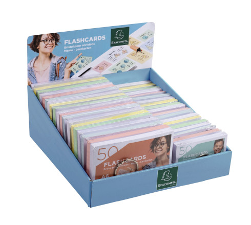 Présentoir complet avec 38 paquets de 50 flashcards sous film + anneau - bristol ligné perforé - formats A6 et A7