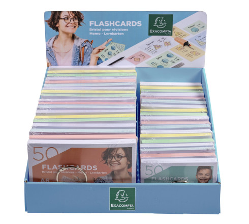 Présentoir complet avec 38 paquets de 50 flashcards sous film + anneau - bristol ligné perforé - formats A6 et A7