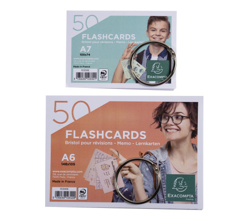 Présentoir complet avec 38 paquets de 50 flashcards sous film + anneau - bristol ligné perforé - formats A6 et A7