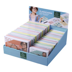 Présentoir complet avec 38 paquets de 50 flashcards sous film + anneau - bristol ligné perforé - formats A6 et A7