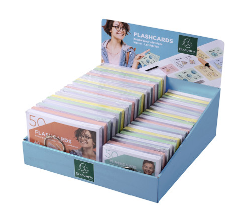 Présentoir complet avec 38 paquets de 50 flashcards sous film + anneau - bristol ligné perforé - formats A6 et A7
