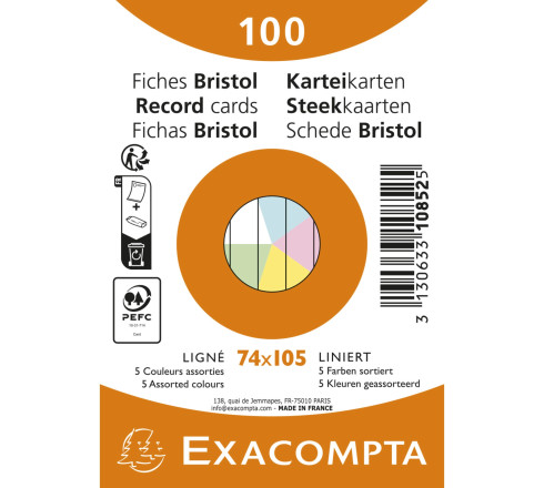 Paquet de 100 fiches sous film - Bristol ligné non perforé 74x105mm