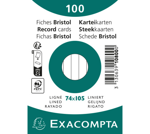 Paquet 100 fiches sous film - bristol ligné non perforé 74x105mm