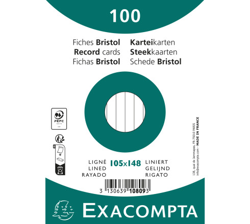 Paquet 100 fiches sous film - ligné non perforé - 105x148mm