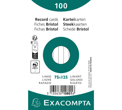 Paquet 100 fiches sous film - bristol ligné non perforé 75x125mm