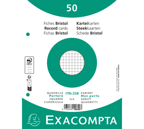 Paquet 50 fiches sous film - bristol quadrillé 5x5 perforé 170x220mm