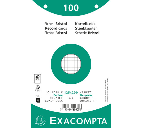 Paquet 100 fiches sous film - bristol quadrillé 5x5 perforé 125x200mm