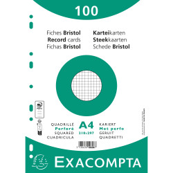 Paquet 100 fiches sous film - bristol quadrillé 5x5 perforé- 210x297mm