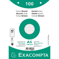 Paquet 100 fiches sous film - bristol quadrillé 5x5 perforé 148x210mm
