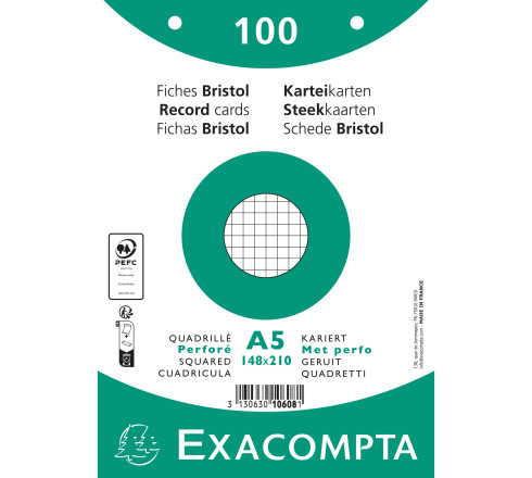 Paquet 100 fiches sous film - bristol quadrillé 5x5 perforé 148x210mm