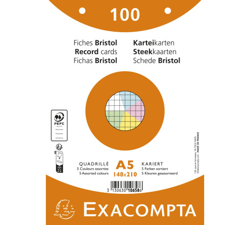 Paquet 100 fiches sous film - bristol quadrillé 5x5 perforé - 148x210mm