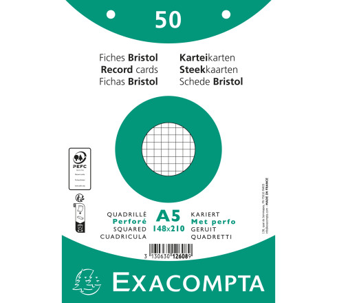 Paquet 50 fiches sous film - bristol quadrillé 5x5 perforé 148x210mm