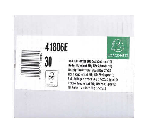 Bobine sans mandrin pour machines à calculer 57x25 mm - 1 pli offset extra-blanc 60g/m2.