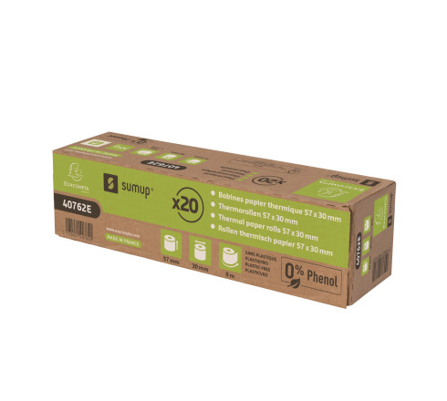 Bobine pour tickets de carte bancaire 57x30mm - 9m - SumUp - 1 pli thermique 55g/m2 sans phénol et sans plastique