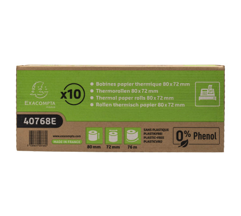 Bobine pour tickets de caisse 80x72mm - 76m - 1 pli thermique 48g/m2 sans phénol et sans plastique