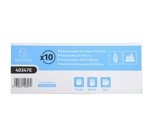 Bobine pour tickets de caisse et carte bancaire 57x60mm - 44m - 1 pli thermique 55g/m2