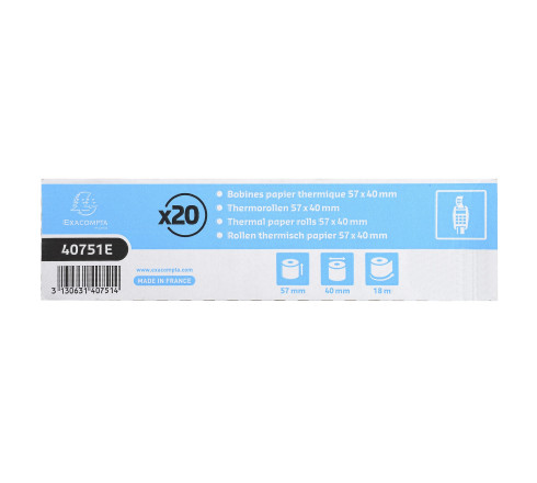 Bobine pour tickets de carte bancaire 57x40mm - 18m - 1 pli thermique 55g/m2.