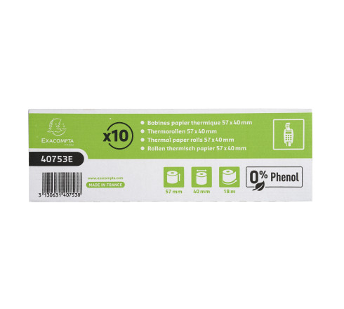 Bobine pour tickets de carte bancaire 57x40mm - 18m - 1 pli thermique 55g/m2 sans Phenol.
