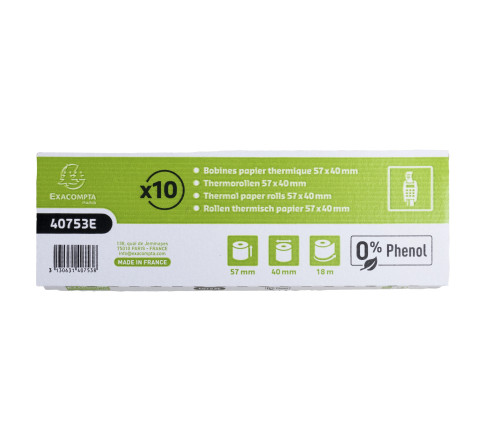 Bobine pour tickets de carte bancaire 57x40mm - 18m - 1 pli thermique 55g/m2 sans Phenol.