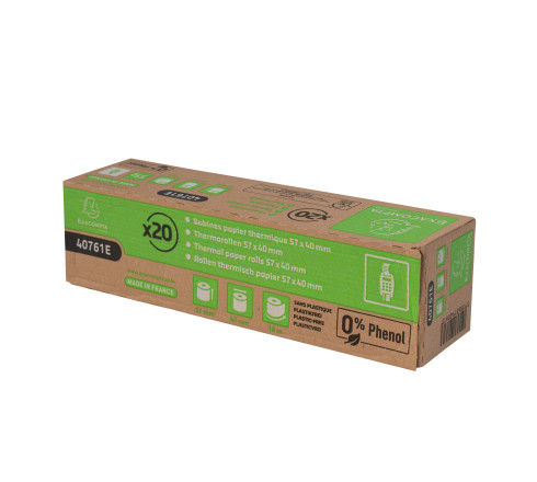 Bobine pour tickets de carte bancaire 57x40mm - 18m - 1 pli thermique 55g/m2 sans phénol et sans plastique