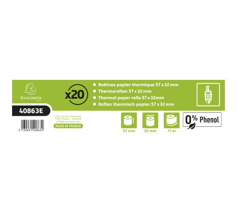 Bobine pour tickets de carte bancaire 57x32mm - 11m - 1 pli thermique 55g/m2 sans Phenol