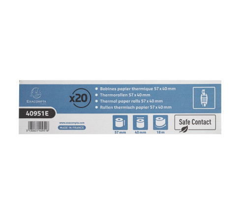 Bobine pour tickets de carte bancaire 57x40mm - 18m - 1 pli thermique 52g/m2 - Safe Contact.