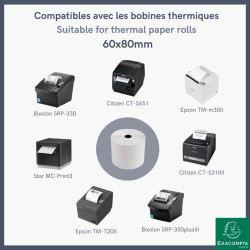 Bobine pour tickets de caisse 60x80mm - 76m - 1 pli thermique 55g/m2.