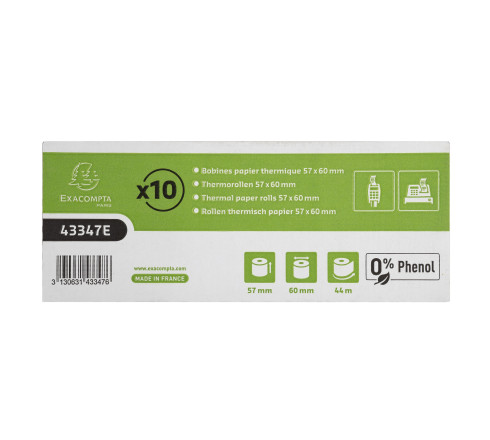 Bobine pour tickets de caisse et carte bancaire 57x60mm - 44m - 1 pli thermique 55g/m2 sans Phenol.