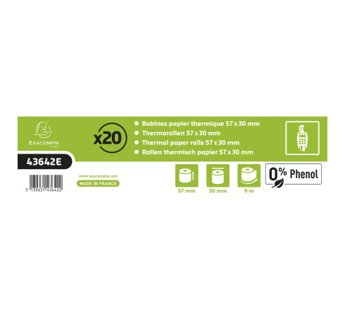 Bobine pour tickets de carte bancaire 57x30mm - 9m - 1 pli thermique 55g/m2 sans Phenol.