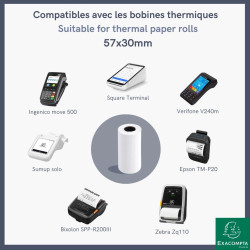 Bobine pour tickets de carte bancaire 57x30mm - 9m - 1 pli thermique 55g/m2 sans Phenol.