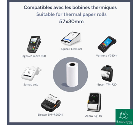 Bobine pour tickets de carte bancaire 57x30mm - 9m - 1 pli thermique 55g/m2 sans Phenol.