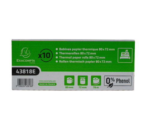 Bobine pour tickets de caisse 80x72- 76m - 1 pli thermique 48m2 sans Phenol