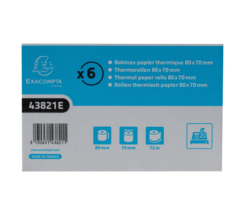 Bobine pour tickets de caisse 80x70mm - 72m - 1 pli thermique 48g/m2.