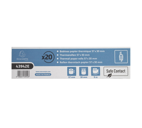 Bobine pour tickets de carte bancaire 57x30mm - 9m - 1 pli thermique 52g/m2 - Safe Contact.