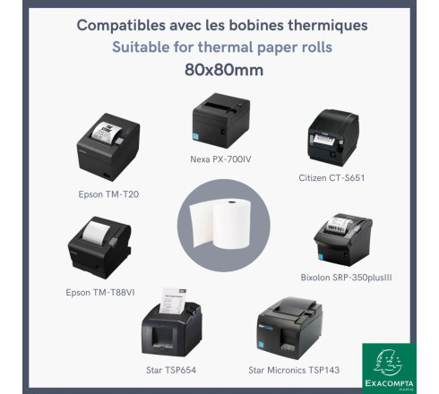 Bobine pour tickets de caisse 80x73m - 80m - 1 pli thermique 48/m2- grande longueur.