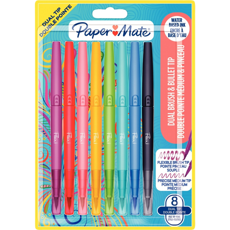 Blister de 8 feutres Flair Dual bi-pointes assortis