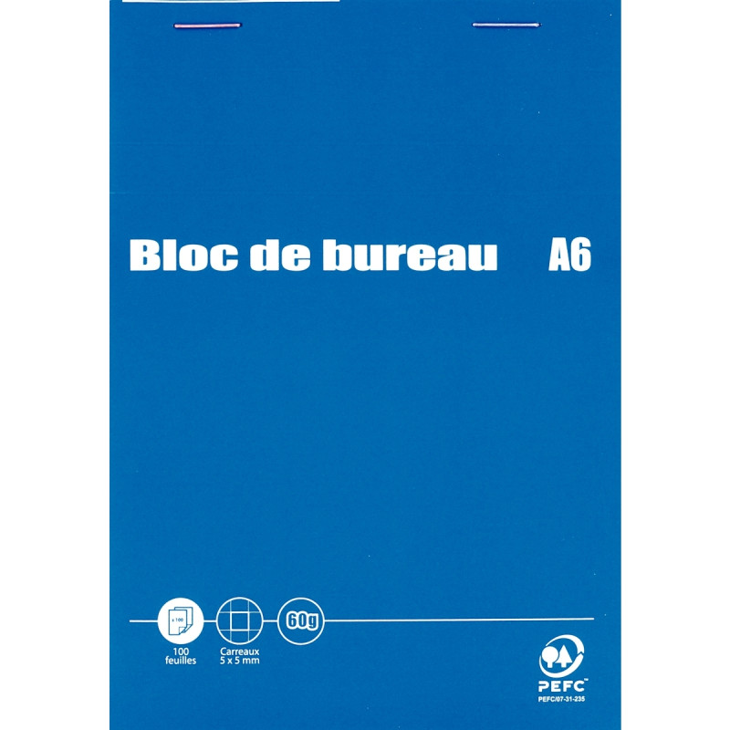 Bloc de bureau 100 feuilles, format A6, quadrillé 5x5, papier 60g