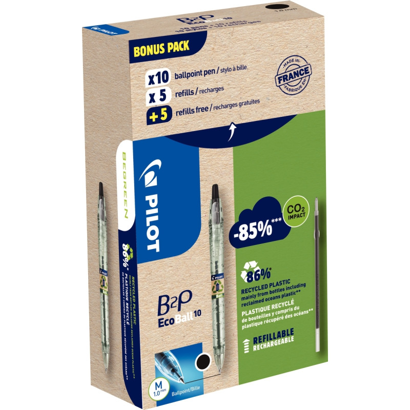 Greenpack de 10 stylos + 10 recharges Ecoball noires