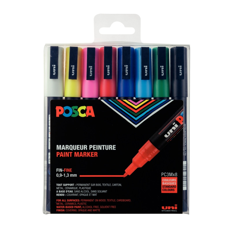 Pochette de 8 marqueurs Posca pointe fine ogive assortis