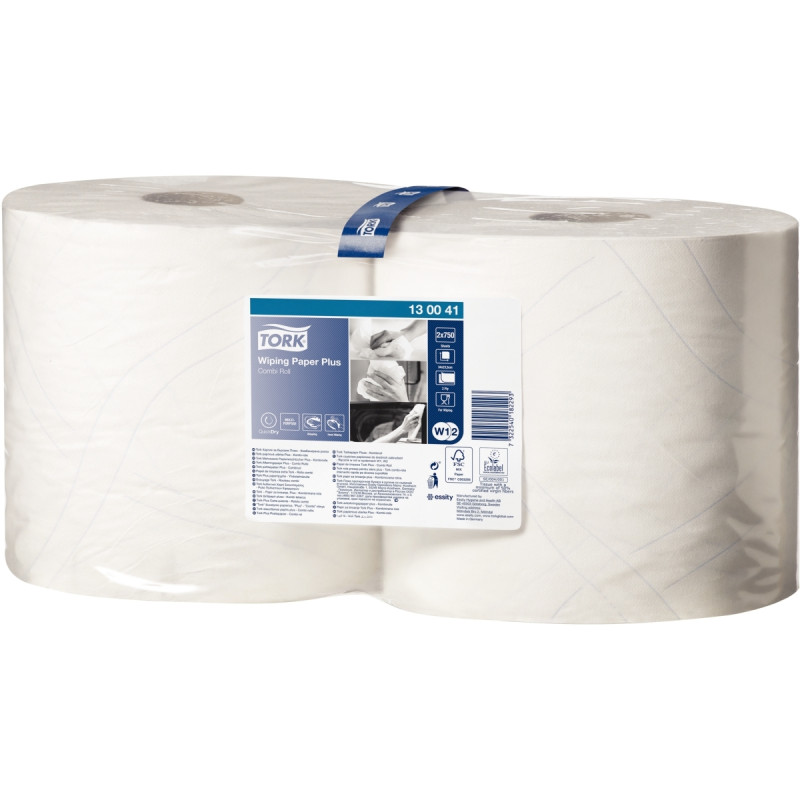 Lot de 2 bobines d'essuyage industriel 750 feuilles blanches