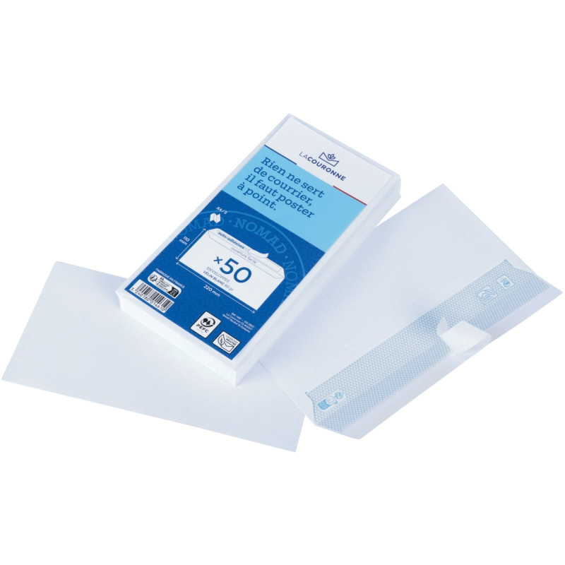 Paquet de 50 enveloppes blanches 110x220mm 80g bande siliconée